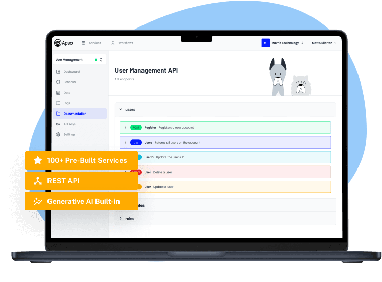 Apso platform interface showing schema editor and deployment dashboard